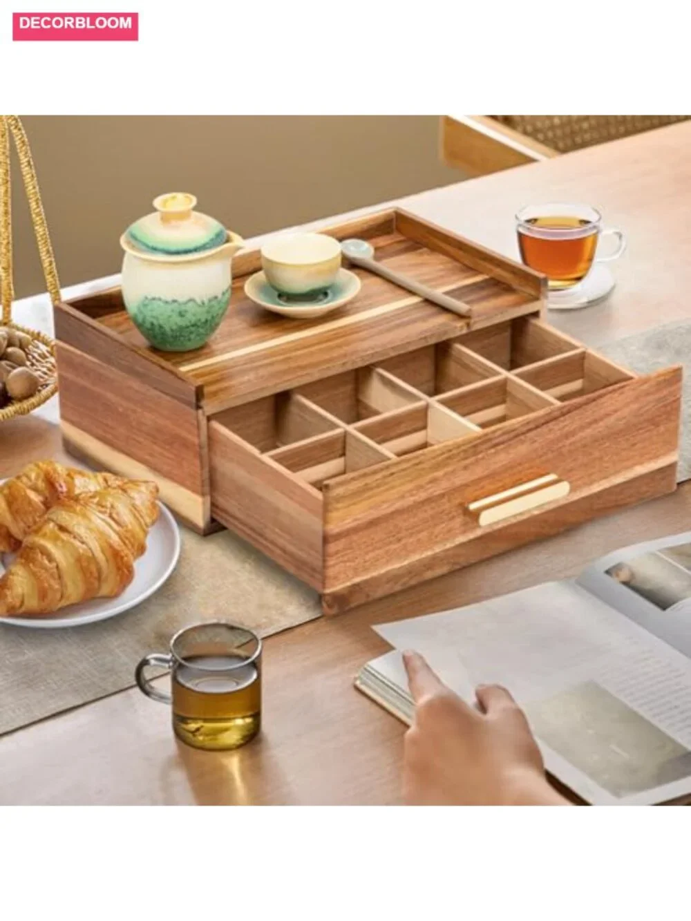 Acacia Wood Tea Bag Organizer with Drawer, Tea Storage Box for Countertop